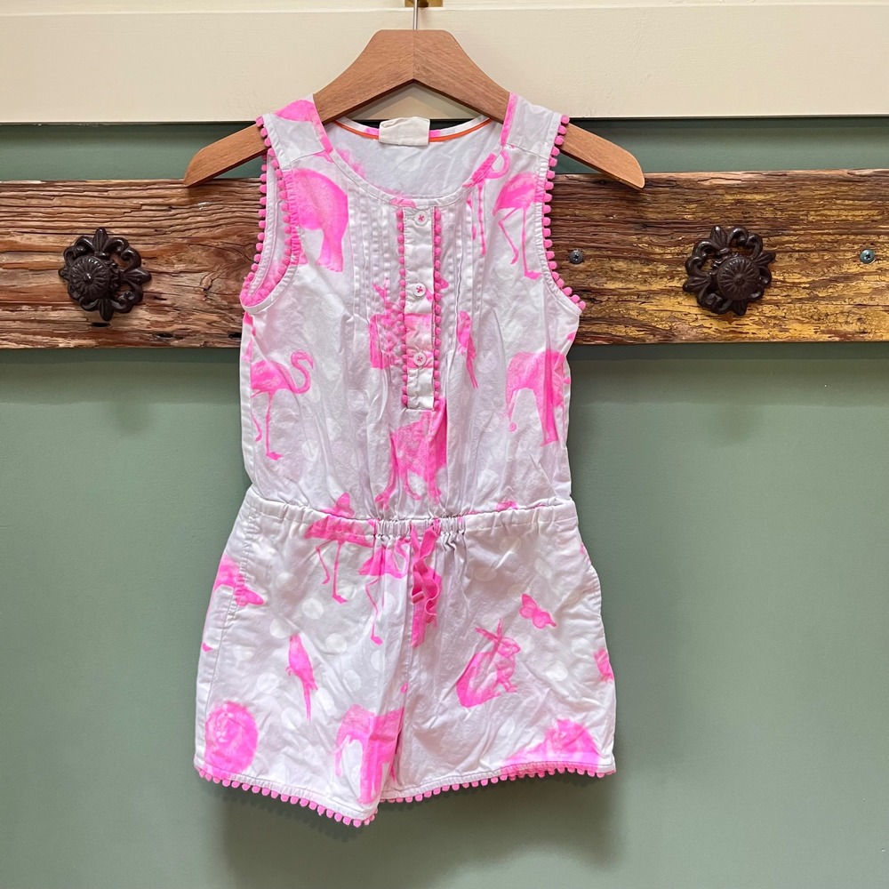 Mini Boden Kids Neon Pink Animal Print Pom Pom Romper White Size 5-6Y
